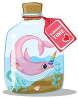 Marine illustrations. Little cute cartoon pink narwhal in bottles  cartoon illustration for summer holidays. vector