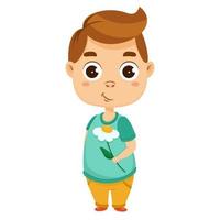 Cute cartoon boy with one flower. Vector character isolated on white background.