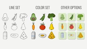 íconos lineales de comida saludable en diferentes estilos. establecer iconos de color, conjunto de líneas. vector