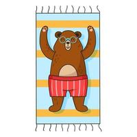 oso lindo divertido en gafas de sol en una toalla de playa. carácter vectorial aislado con un tema de verano para postales, camisetas, cuadernos y temas infantiles. vector
