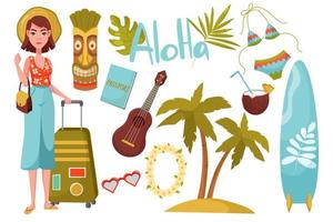 A set of elements on the theme of travel. Vacation at the sea. A girl with a suitcase, a swimsuit, a passport, a tropical Monster leaf, glasses. Illustration for banners, posters, postcards, stickers. vector