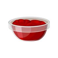 Glass bowl with ketchup or tomato sauce. Vector isolated illustration for the menu of fast food restaurants, barbecue. A cup with fresh dairy product is ideal for applications, games and menus.