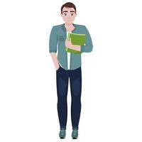 The student holds a notebook in his hand. A young, handsome guy in a loose style of clothing. vector