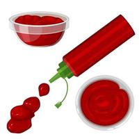 Vector set with a cartoon splash of ketchup isolated on a white background. Ketchup in bottles, in a bowls with a view from above and frontally. Vector illustration for app, games and menu.