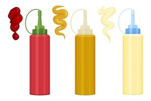 Cartoon set of sauces in plastic bottle and with splashes. Bottle with mayonnaise, ketchup and mustard. Vector jar isolated on a white background for app, games, banner, menu fast food restaurants.