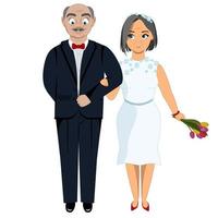 Wedding of elderly people.A happy man and a woman are holding hands in official clothes. Vector cartoon illustration. Newlyweds. Love relationships. Illustration for a postcard.