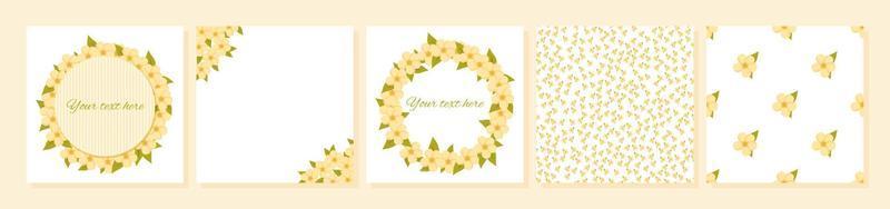 A set of cards with plumeria flowers with a place for the text. Circular frame and patterns with Frangipani. Vector for greeting cards, wedding invitations, textile, decorative paper.