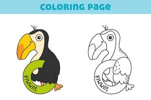 Coloring book with a cute little bird toucan. A simple game for preschool children. Vector illustration for books, coloring book, home leisure and educational materials.