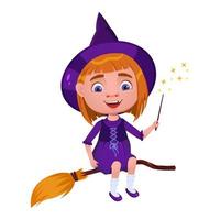 Cute little red-haired witch on a broom with a magic wand. Vector isolated character on a white background. Magic Halloween character.
