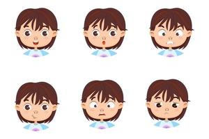 Set of the face of a cute girl in different emotions. Anger, happy, fear, sadness, surprise, smile. Vector cartoon illustration isolated on a white background.