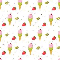 Ice cream cone seamless pattern in white background. Strawberry and pistachio ice cream. vector