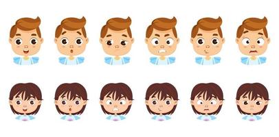 Set of girl and boy with different emotions. Anger, happy, fear, sadness, surprise, smile. Vector cartoon illustration isolated on a white background.
