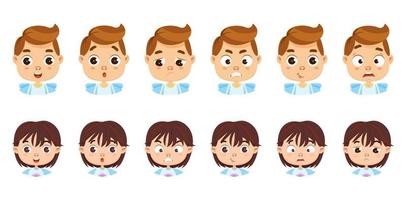 conjunto de niña y niño con diferentes emociones. ira, alegría, miedo, tristeza, sorpresa, sonrisa. ilustración de dibujos animados vectoriales aislada en un fondo blanco. vector