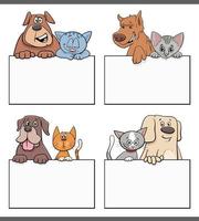 gatos y perros de dibujos animados con diseño gráfico de tarjeta en blanco vector