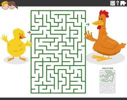 maze game with cartoon mother hen and little chick vector