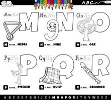 educational alphabet letters cartoon set from M to R coloring book page vector