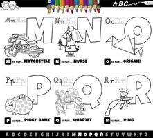 educational alphabet letters cartoon set from M to R coloring book page vector