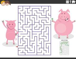 maze game with cartoon mother pig and little piglet vector