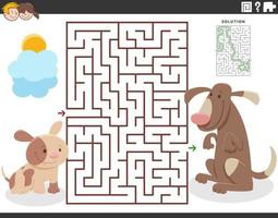 maze game with cartoon mother dog and little puppy vector