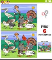 juego educativo de diferencias con personajes de animales de aves de dibujos animados vector