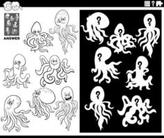 matching shapes game with cartoon octopus coloring page vector