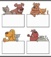 gatos y perros de dibujos animados con juego de diseño gráfico de tarjetas vector