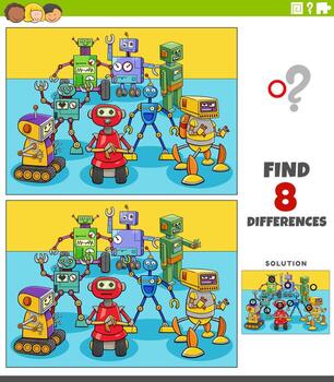juego educativo de diferencias con grupo de robots de dibujos animados vector