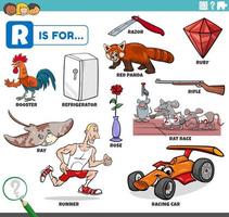 letter r words educational set with cartoon characters vector