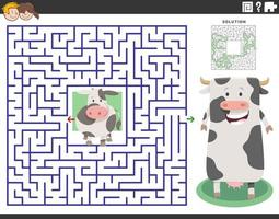 maze game with cartoon mother cow and cute little calf vector