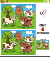 juego de diferencias con personajes de animales de granja de vacas de dibujos animados vector