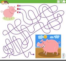 maze game with cartoon pig character and piglet vector