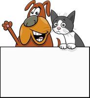 perro y gato de dibujos animados con diseño gráfico de tarjeta blanca vector