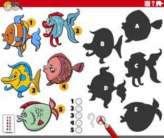 shadows game with cartoon fish animal characters vector