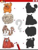 juego educativo de sombras con perros peludos de dibujos animados vector