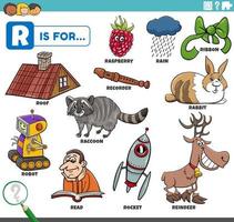 letter r words educational set with cartoon characters vector