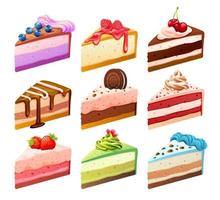 Set of various sweet cake pieces cartoon illustration vector