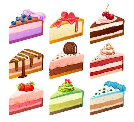 Set of various sweet cake pieces cartoon illustration
