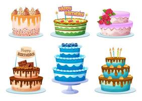 Set of various birthday cakes in cartoon style vector