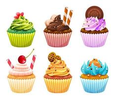 Set of various colorful sweet cupcakes cartoon illustration vector