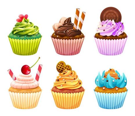 Set of various colorful sweet cupcakes cartoon illustration