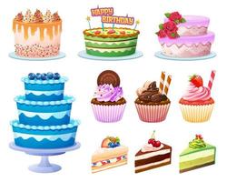 Colorful delicious cake set cartoon illustration vector