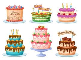 Colorful birthday cake set cartoon illustration vector