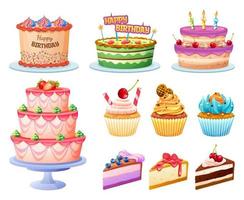 conjunto de varios coloridos deliciosos pasteles ilustración vector