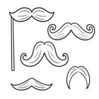 Set of vector monochrome illustration. Funny cartoon mustache for parties and practical jokes, mustache on a stick, fake funny mustache
