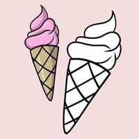 Pink popsicle in a waffle cup, a cone, a sweet cold dessert, a cartoon vector illustration on a light background. A set of illustrations, a coloring book.