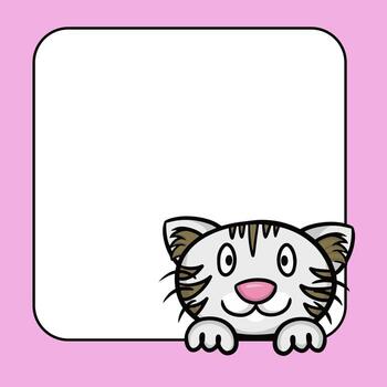 Square frame with empty copy space, cute gray kitten is looking. Vector cartoon illustration