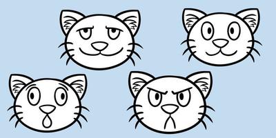 A set of black and white monochrome cute cats, cat faces with different emotions, vector illustration on a light background
