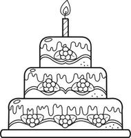 Vector illustration. Monochrome drawing of a cake with one candle. Line on a transparent background