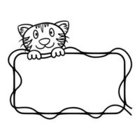 Square frame with empty copy space, cute kitten smiling. Vector monochrome cartoon illustration, sketch