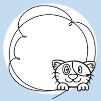 Round frame with an empty space to copy, cute kitten smiling. Vector monochrome cartoon illustration, sketch